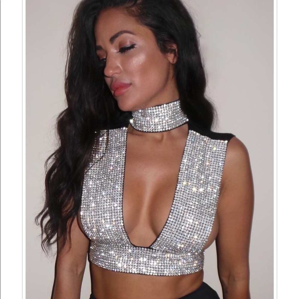 Geebin Flores black riri Rhinestone top